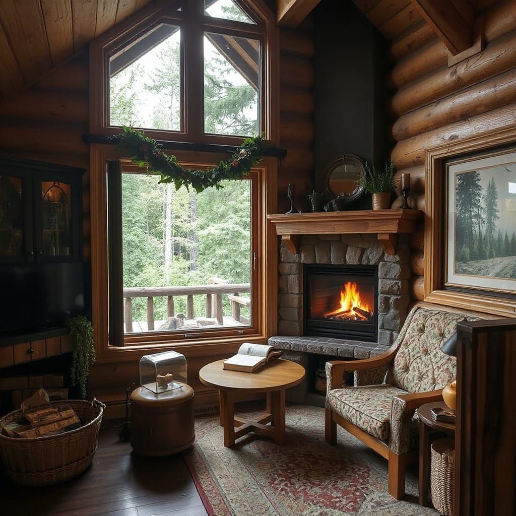 Cozy Log Cabin Reading Nook with Fireplace