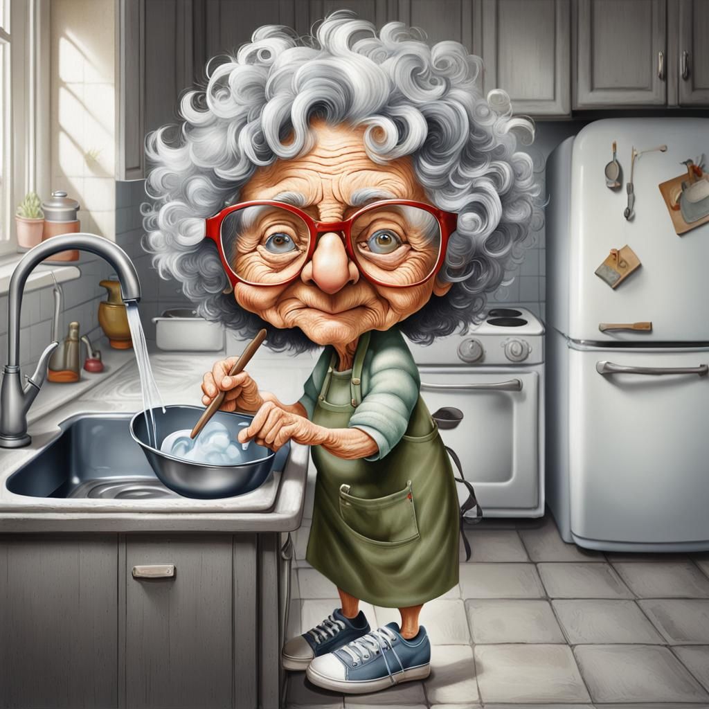 Whimsical Airbrush Painting of Elderly Woman Washing Dishes