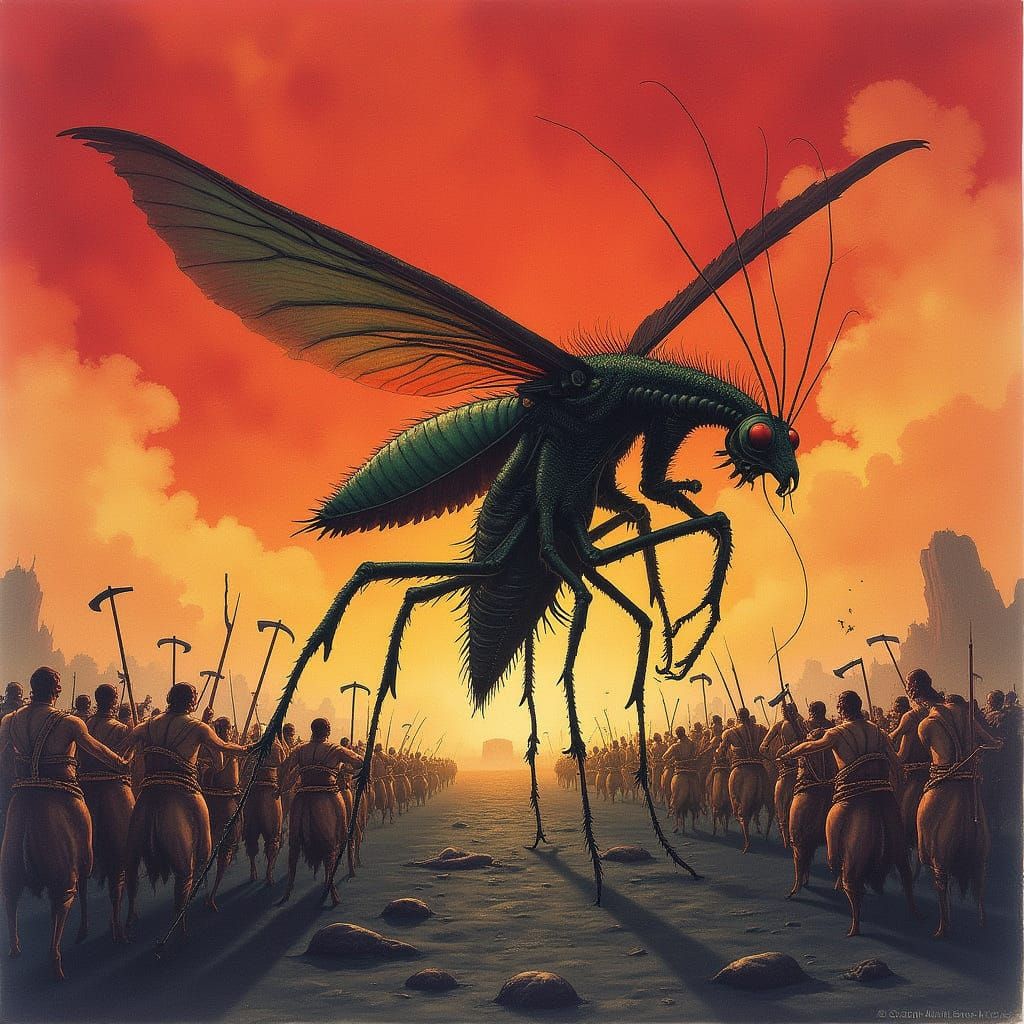 Giant Insectoid Creature Fights Barbarians in Red Sky