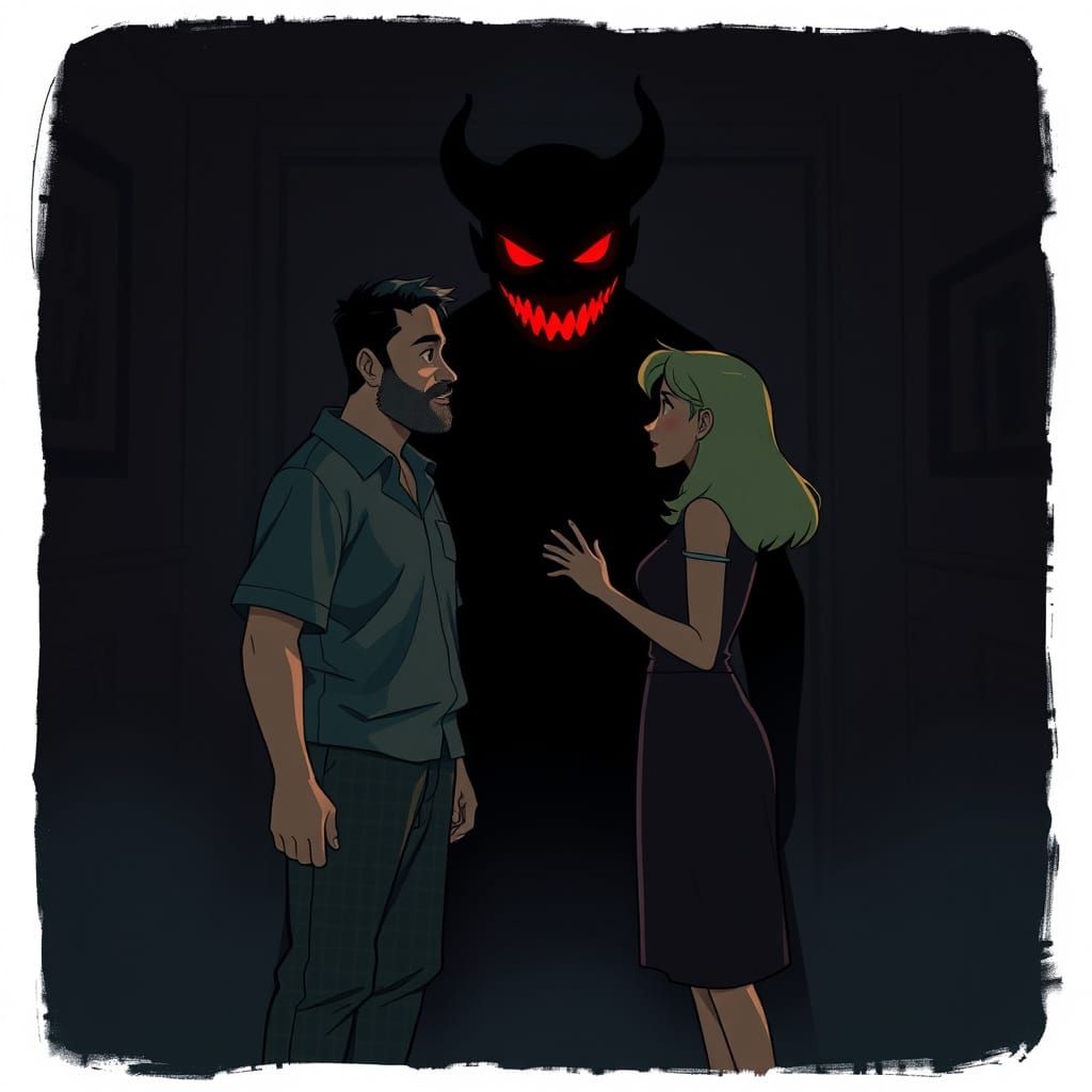 Ominous Shadowed Argument in Animated Film Style