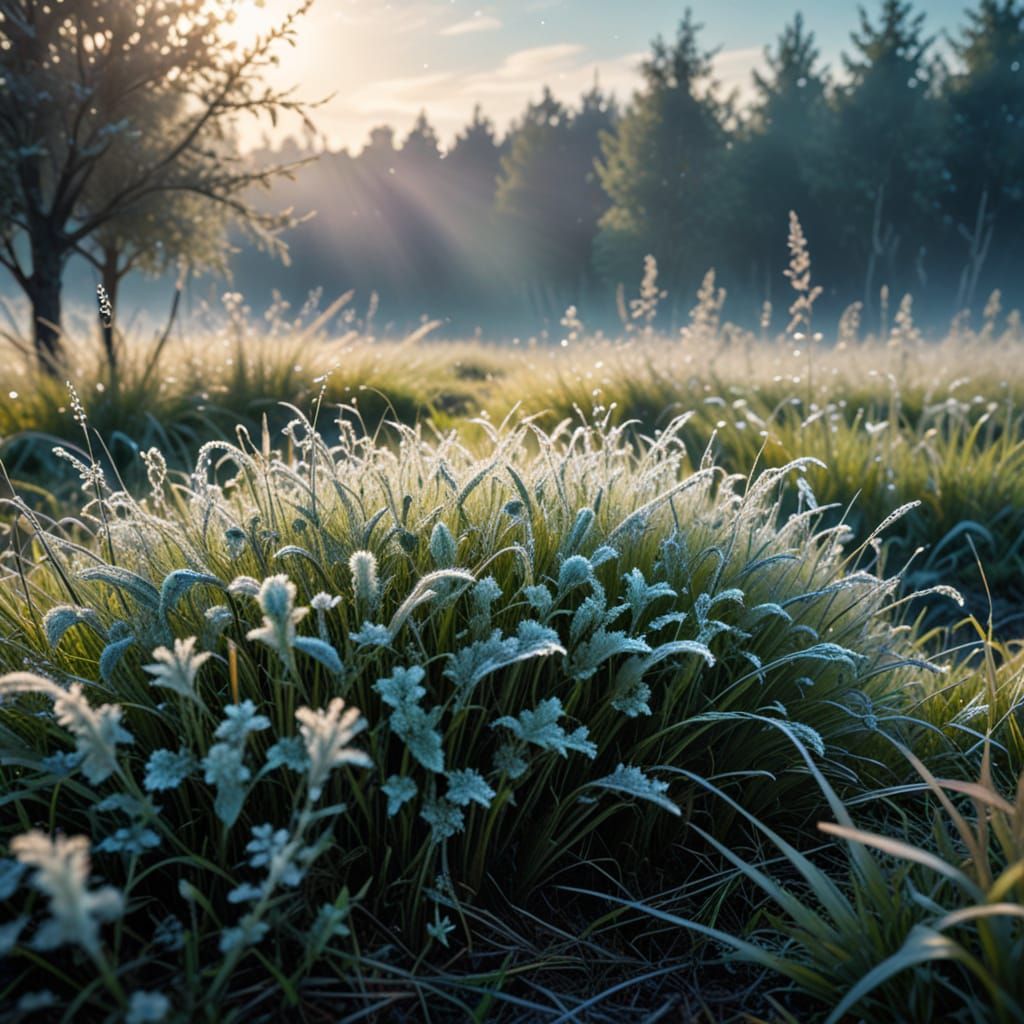 Frost-Covered Grass with Distant City, Photorealistic Ink Dr...