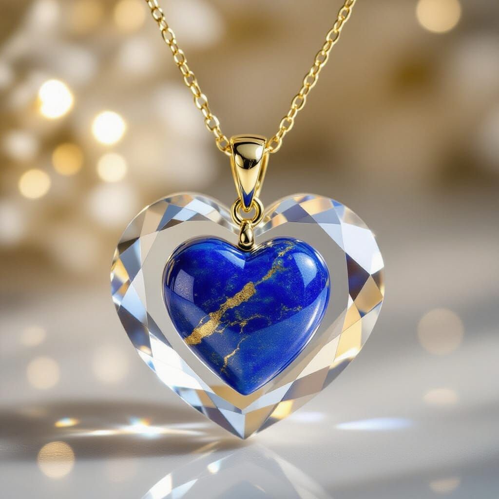 Lapis Heart in Quartz Pendant on Gold Chain