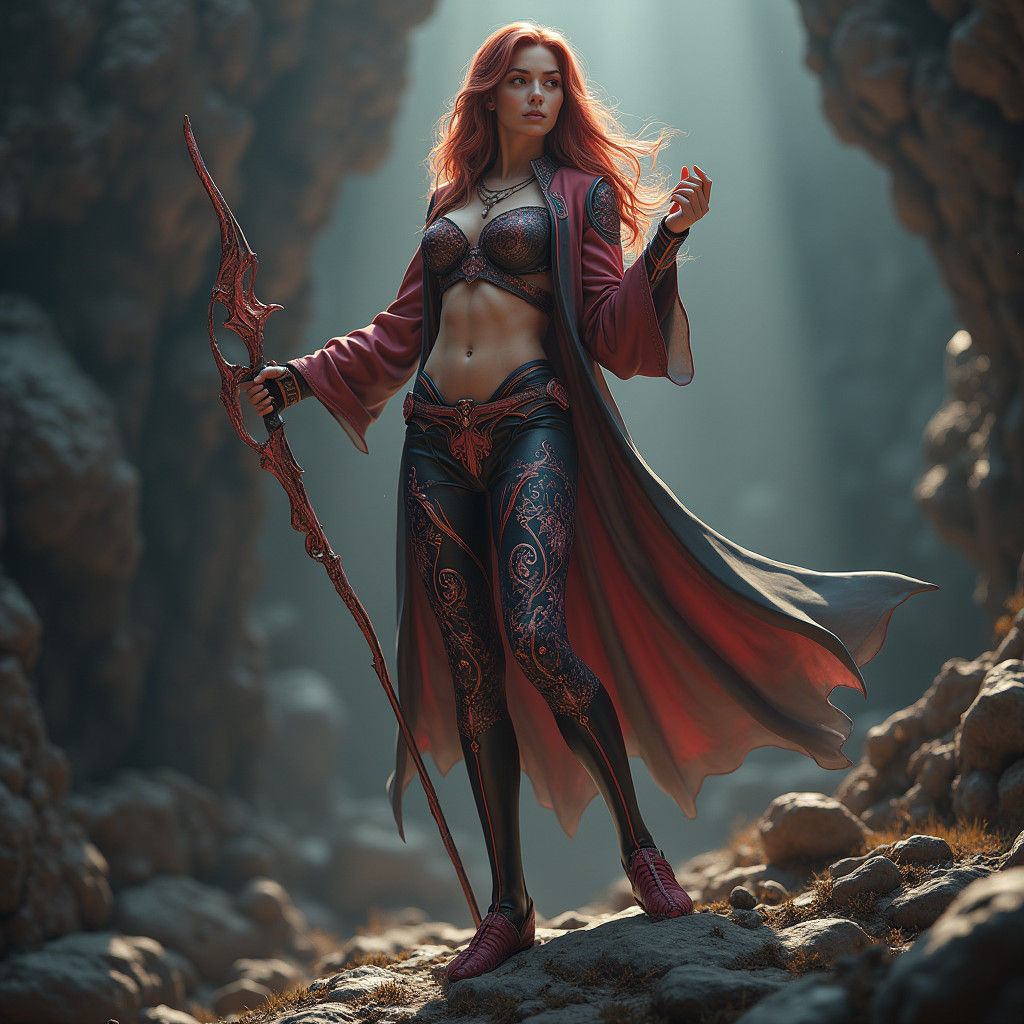 Heroic Woman in Fantasy Realm Leggings, Digital Art