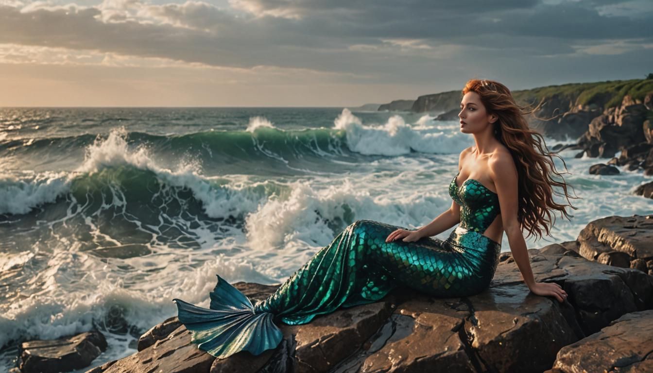 Attractive Mermaid on Cliff with Crashing Waves