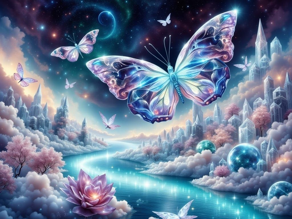 Giant Crystal Butterflies Over Floating Islands in Surreal L...