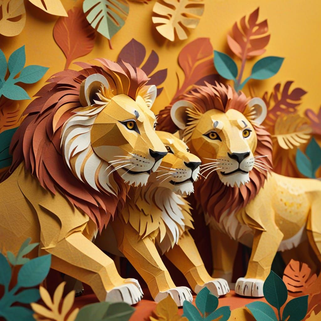 Playful Lions in Colorful 3D Paper Art