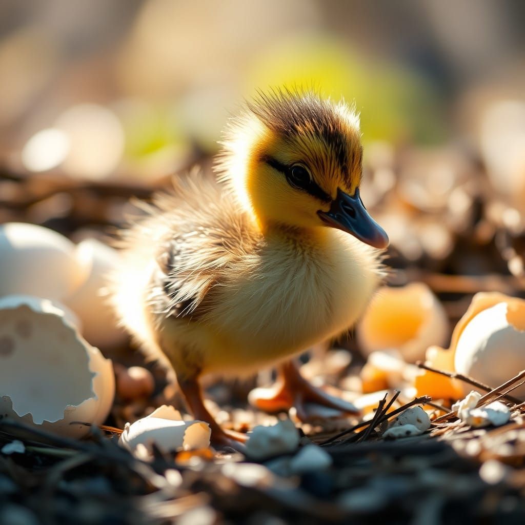 Newly Hatched Duckling Takes First Wobbly Steps in Sunlit Ne...