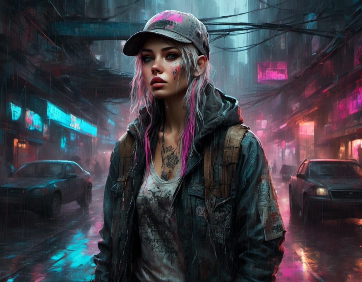 Cyberpunk Character in Neon Rain, Hyperrealism