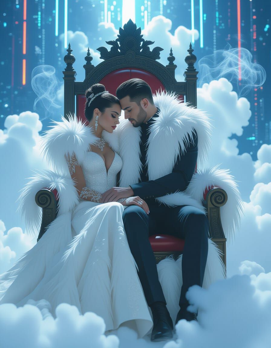 Cyberpunk Princess and Prince Embrace on Throne