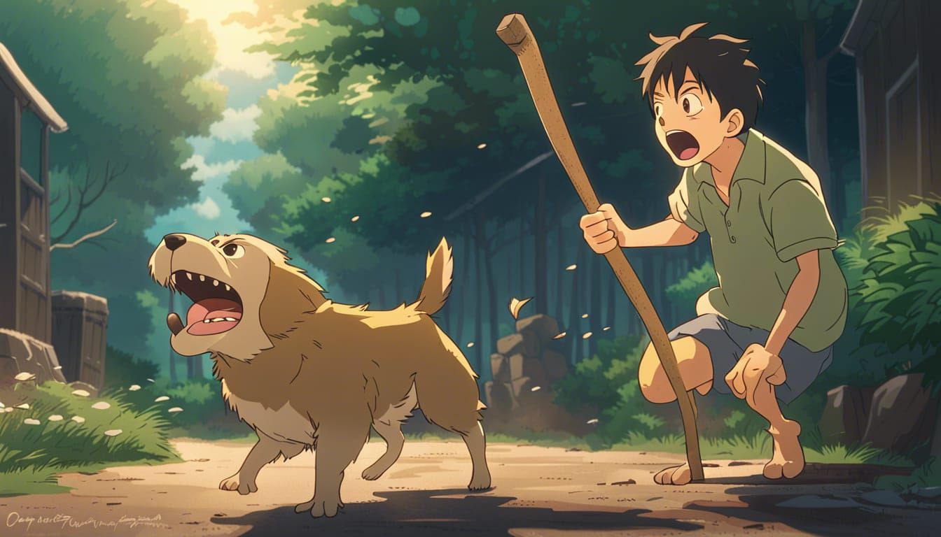 Anime Style Man Yelling at Puppy with Stick