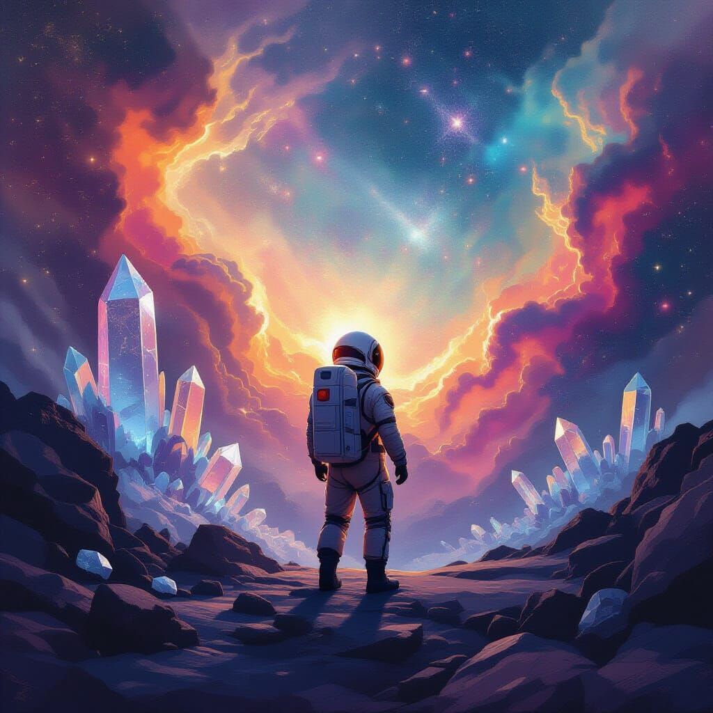 Astronaut Adrift in Cosmic Nebula with Crystalline Structure...
