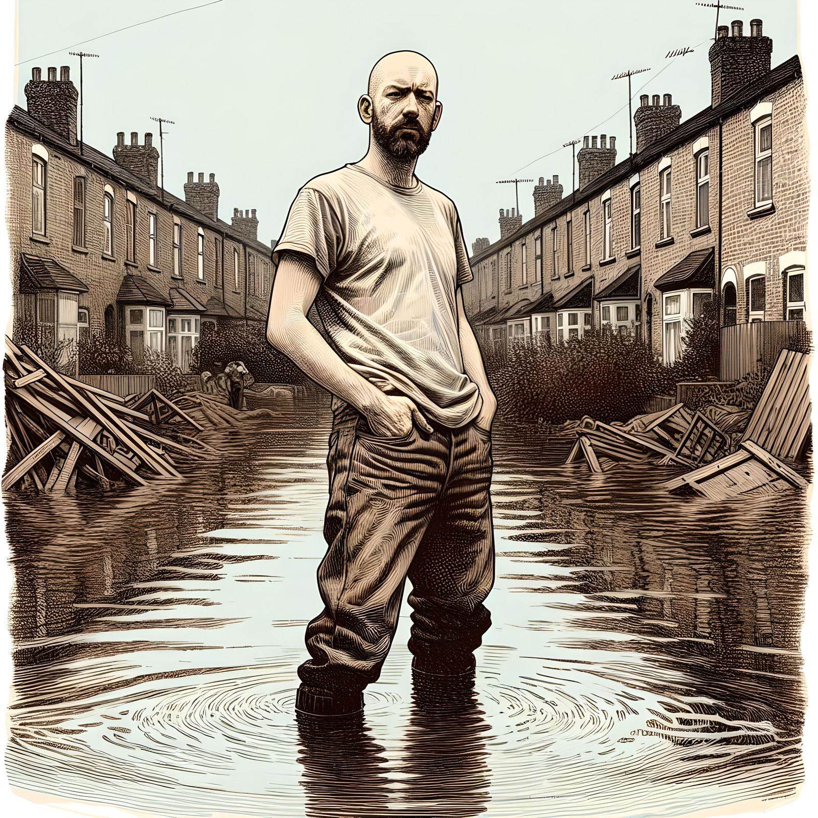 Man in Flood Water, Early 20th-Century Lithography Style