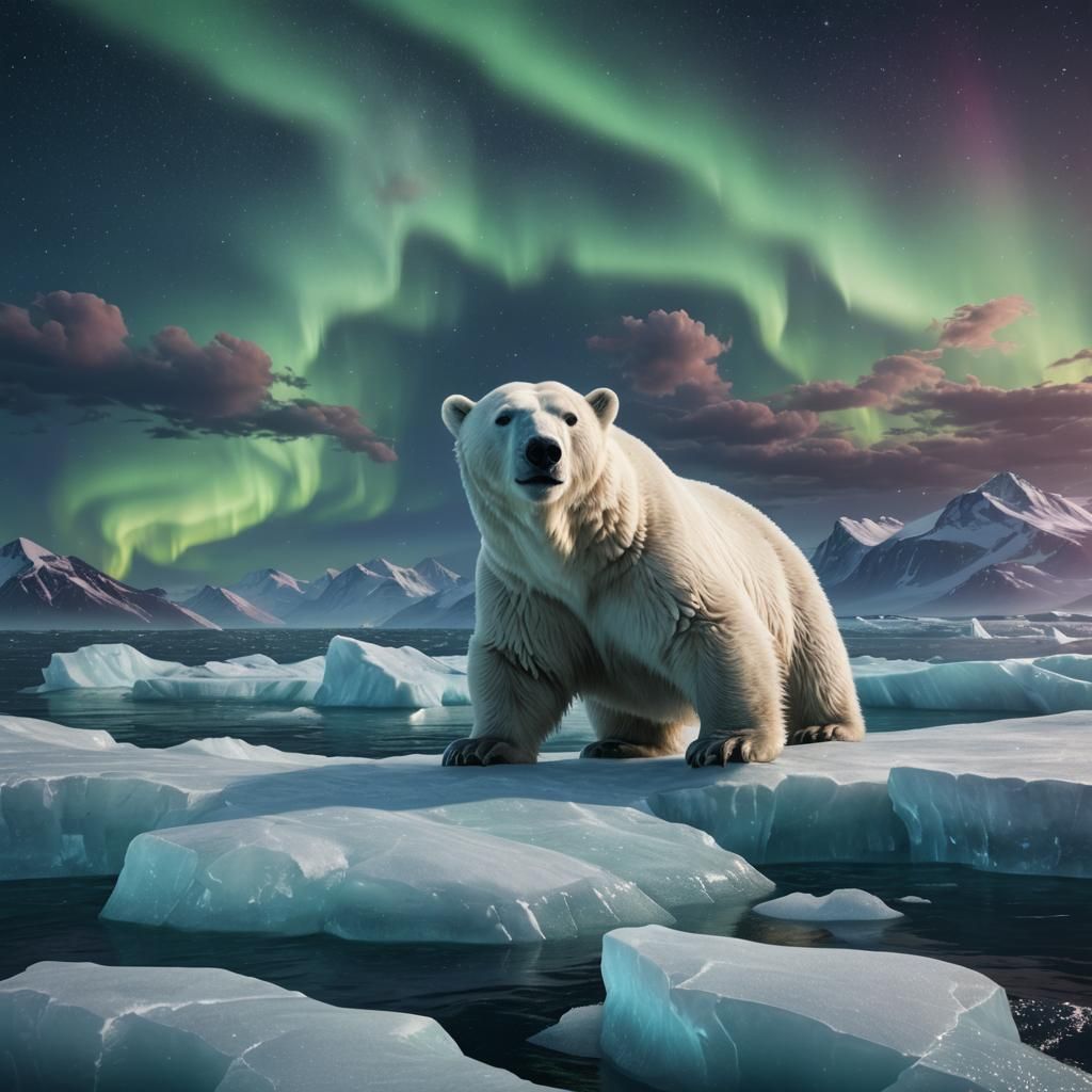 Polar Bear Under Northern Lights: Detailed Matte Painting