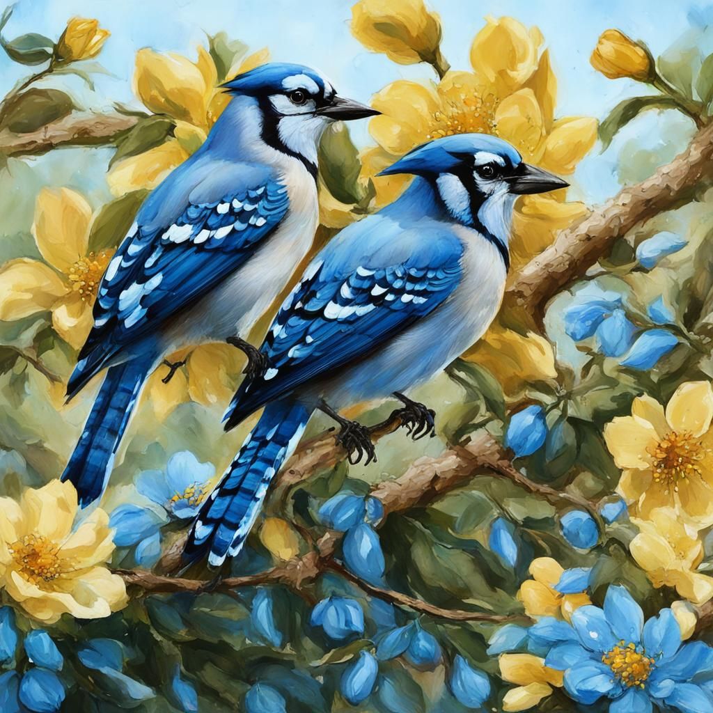 Blue Jays in Tree with Yellow Flowers