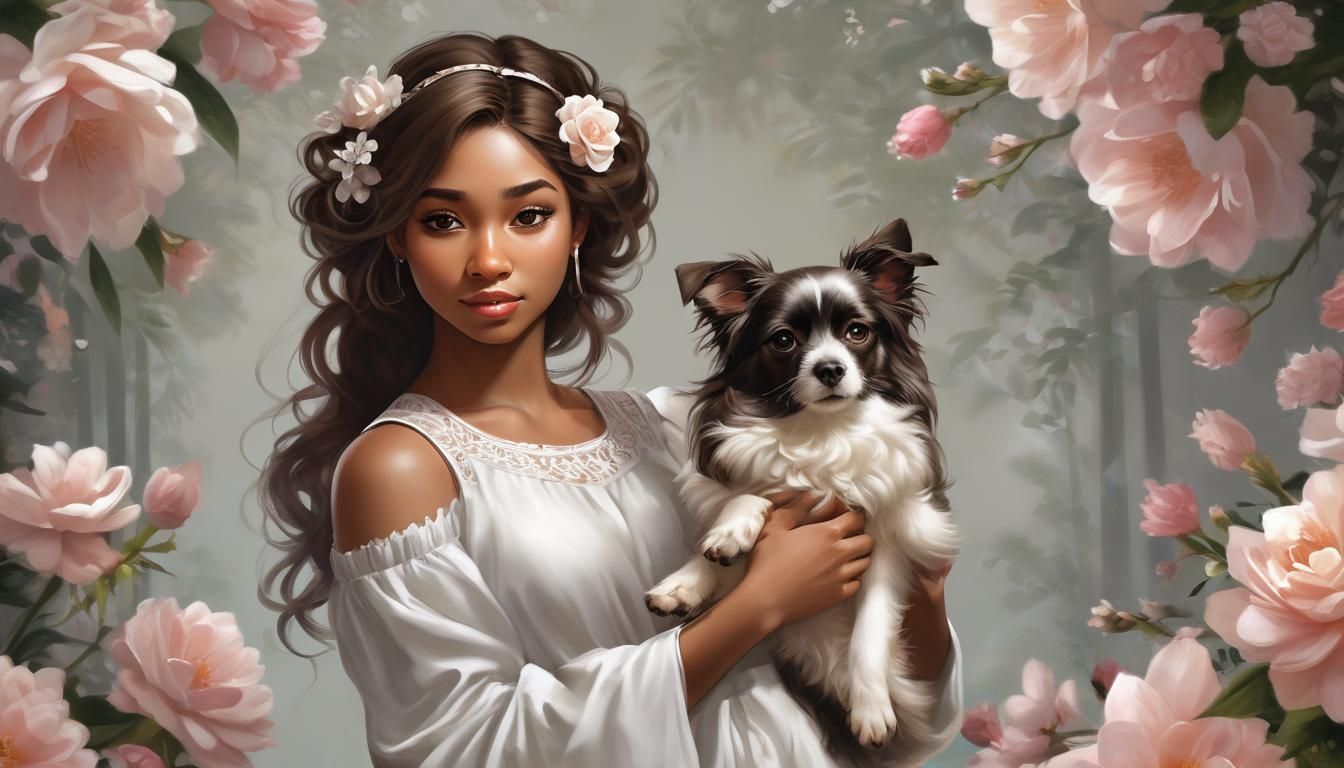Beautiful Girl with Dog: Kawaii Digital Painting