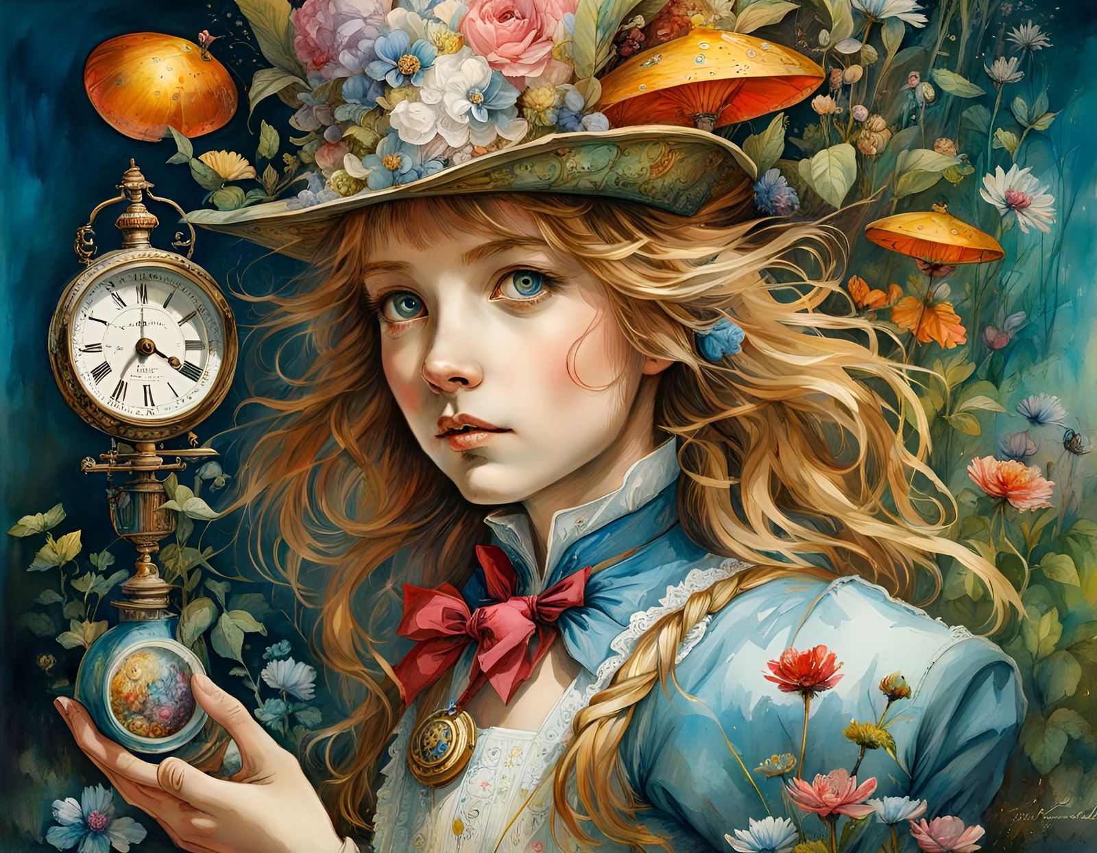 Alice in Wonderland's Transformation in Watercolor Style