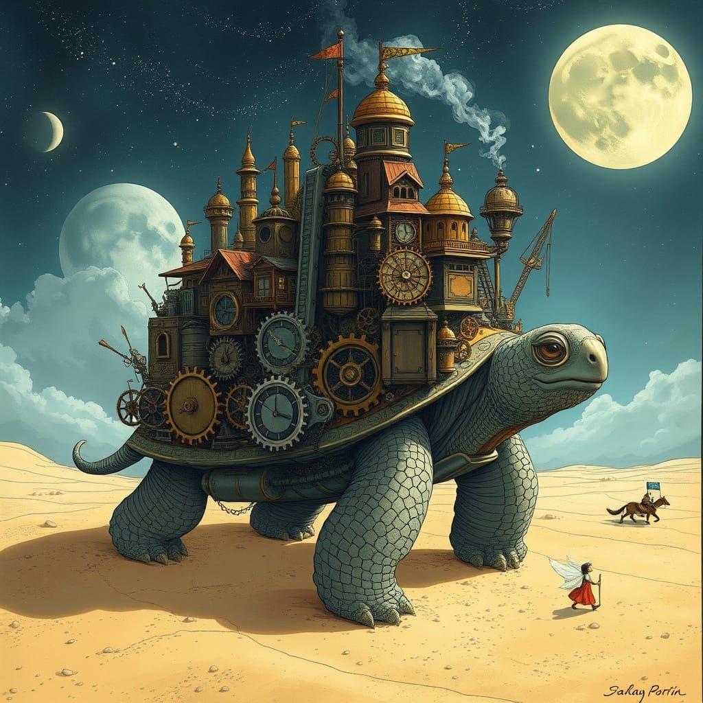 Steampunk Clockwork City on Giant Tortoise in Starlit Desert