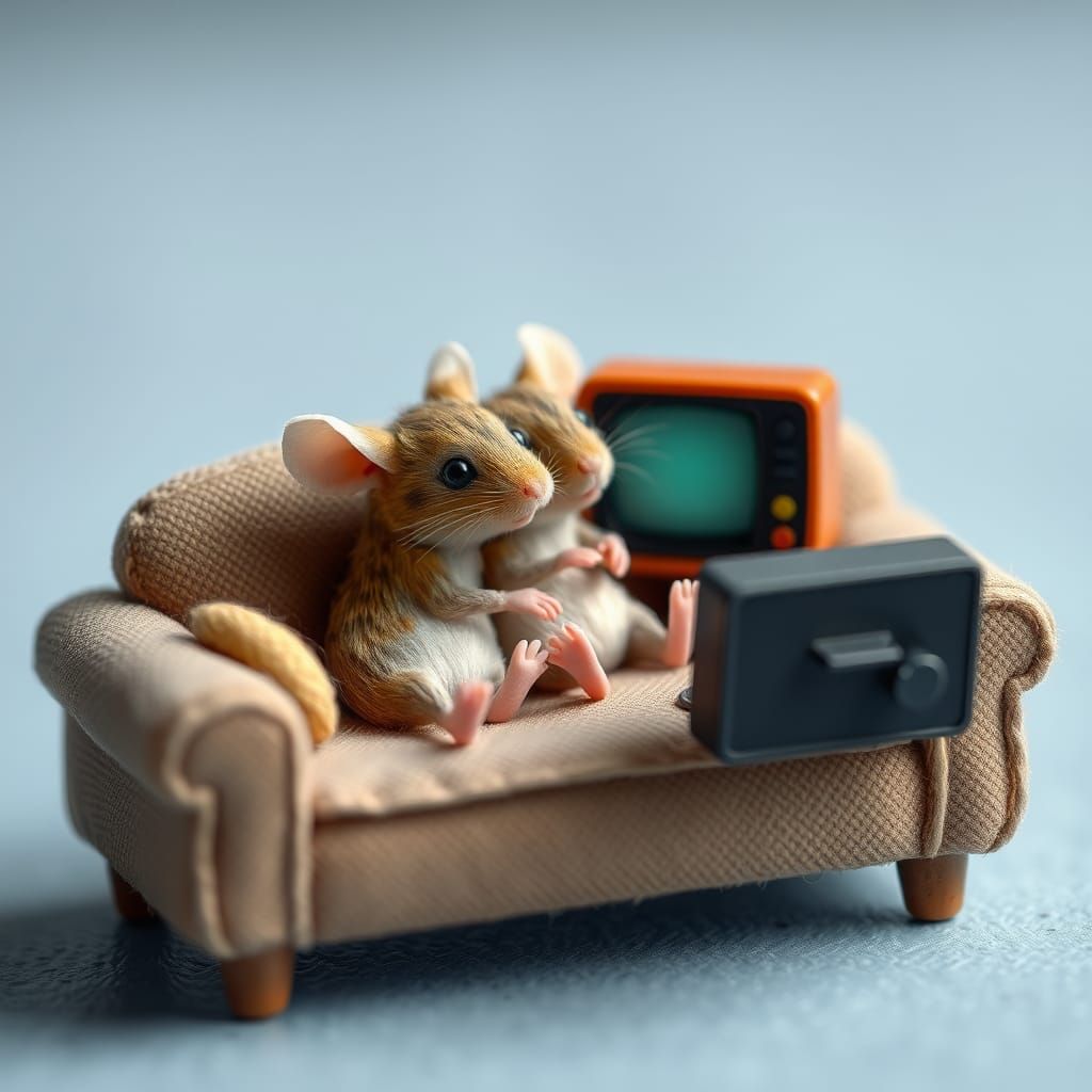 Tiny Mice Cuddling on a Couch Watching TV