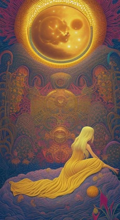 Celestial Woman in Surreal Clematis Bed