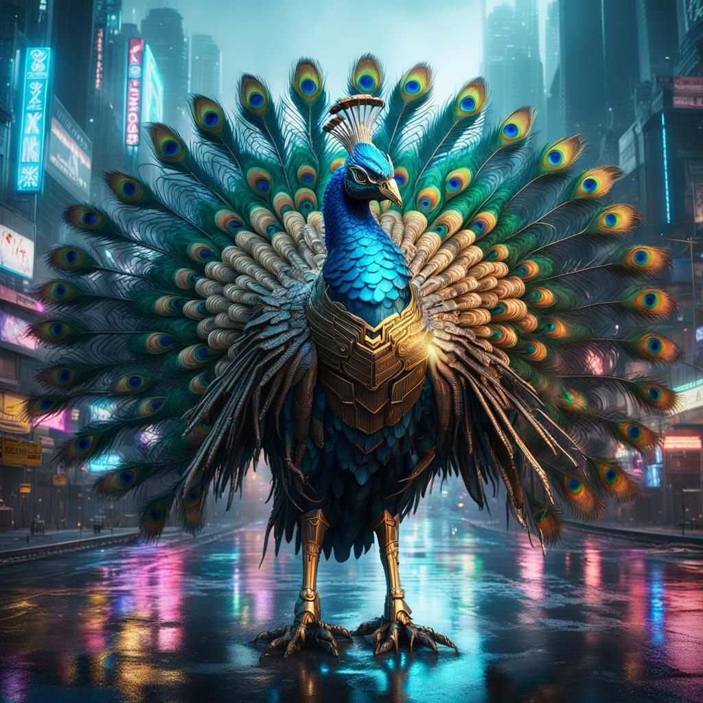 Cyberpunk Mecha Peacock in Neon Cityscape
