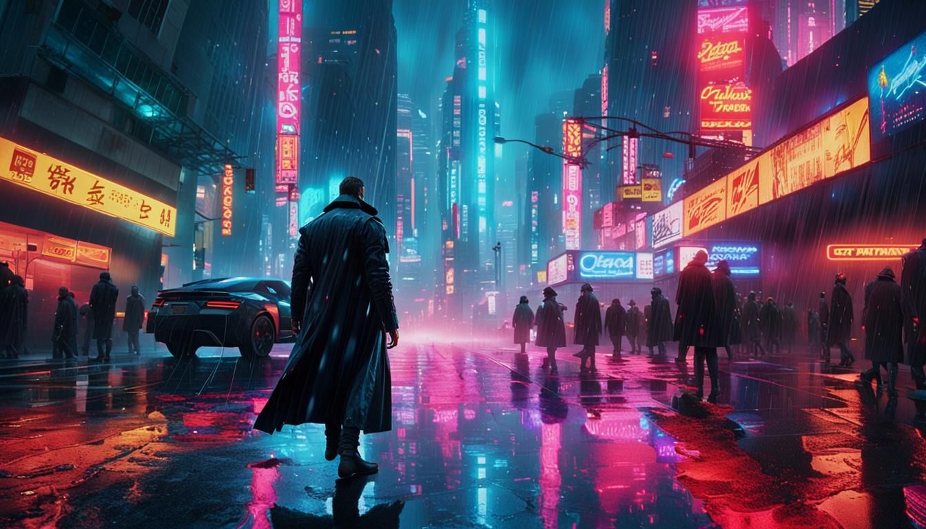 Cyberpunk 2099: Lone Figure in Rainy Cityscape