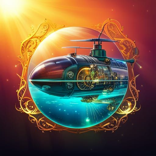Illuminated Steampunk Submarine in Detailed Underwater Scene
