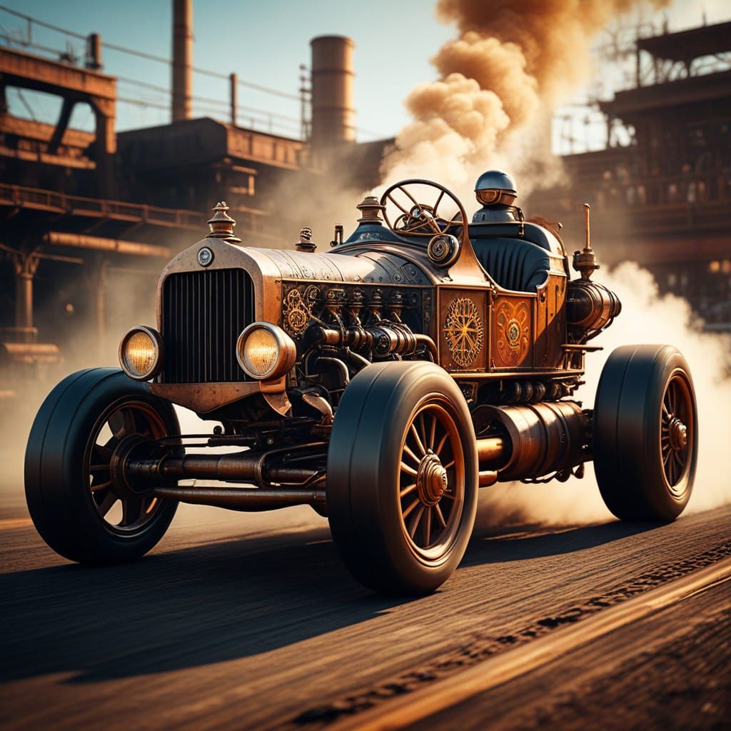 Steampunk Racing Car on Track in Oil Painting Style