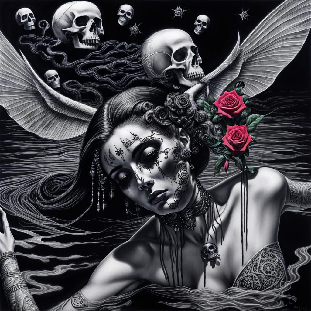 Gothic Woman in Pain: Surreal Crayon Drawing