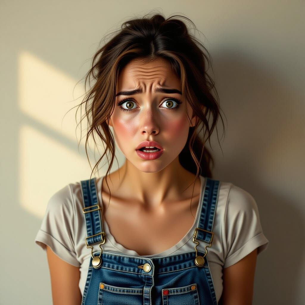 Woman in Denim Expresses Utter Panic and Confusion