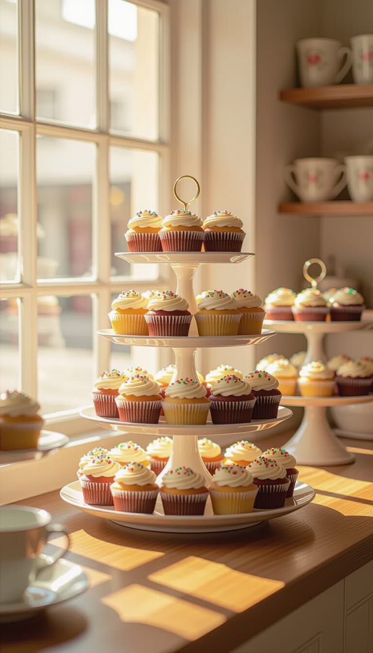Vibrant Cupcake Display in Sunny Bakery