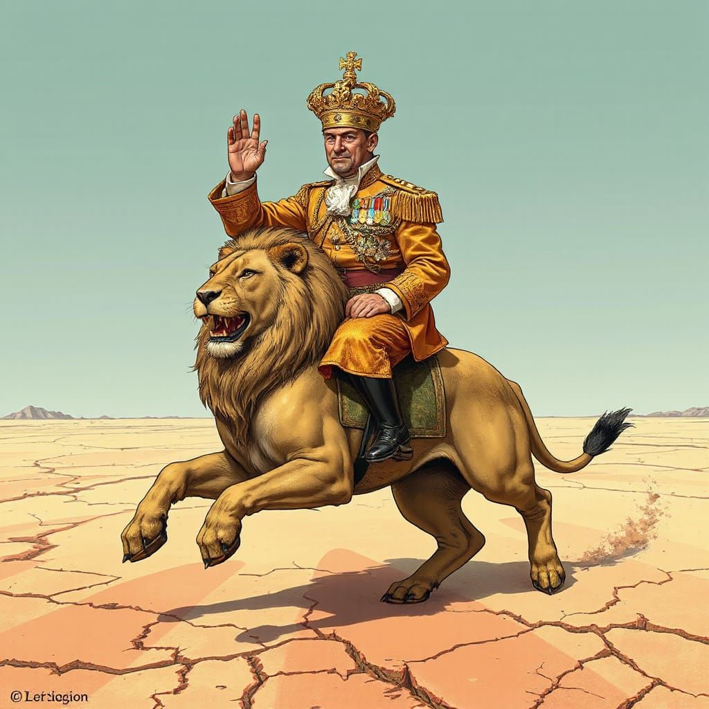 Mad King Rides Faded Lion in Desert Landscape, in Cartoon Re...