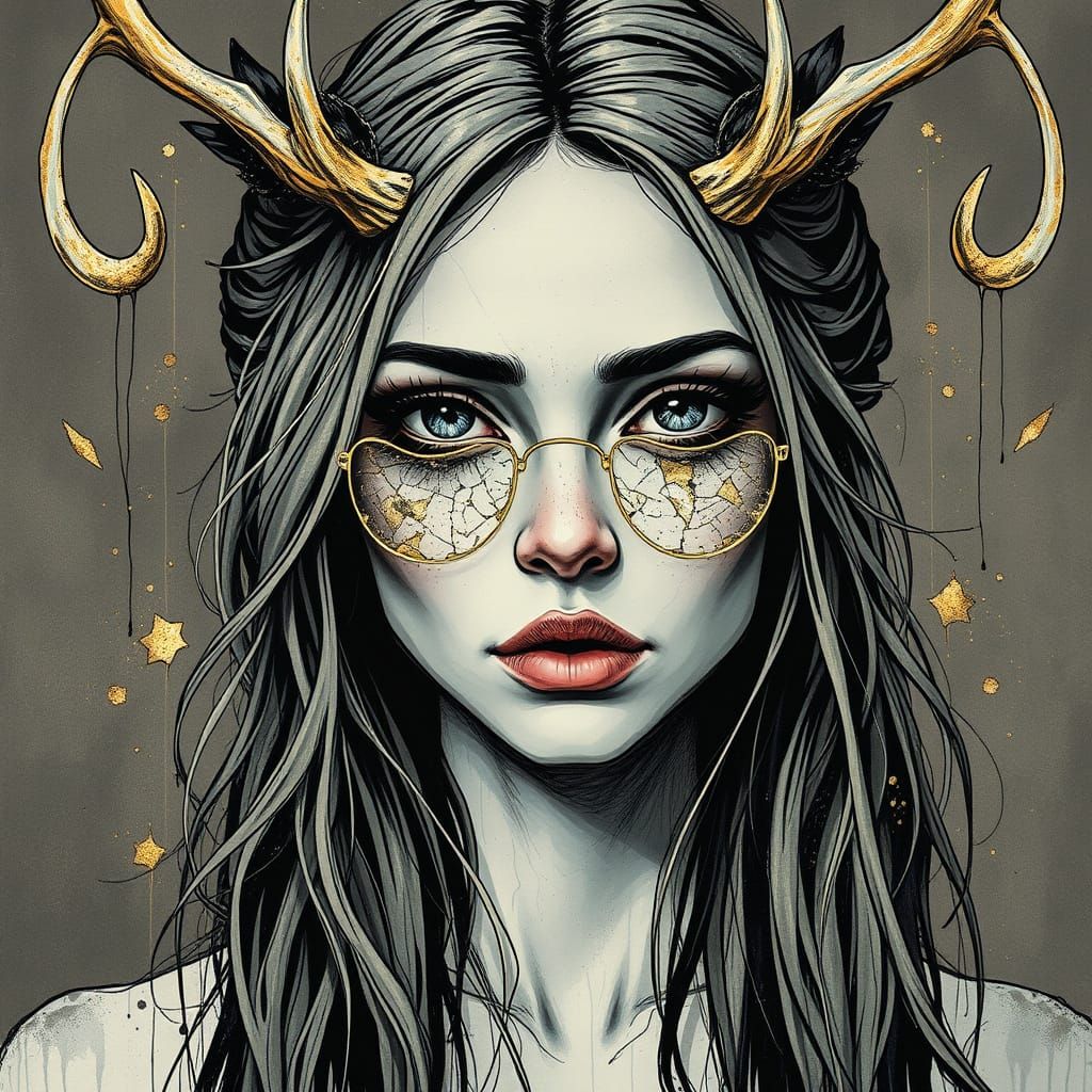 Surreal Portrait of a Woman with Antlers and Shattered Glass