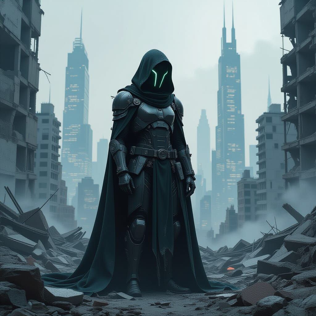 Futuristic Figure in Dystopian Cityscape, Blended Styles