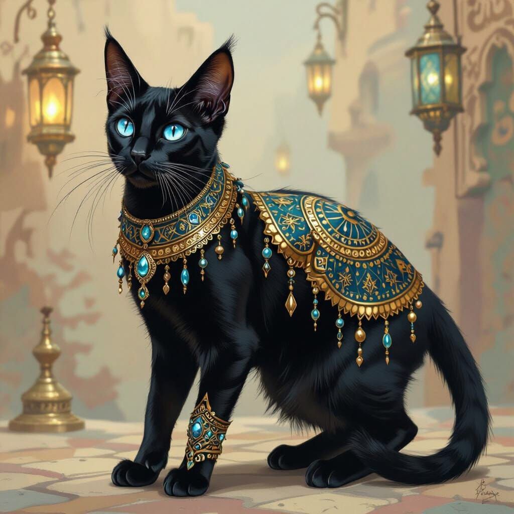 Black Egyptian Mau Cat in Ornate Moroccan Street