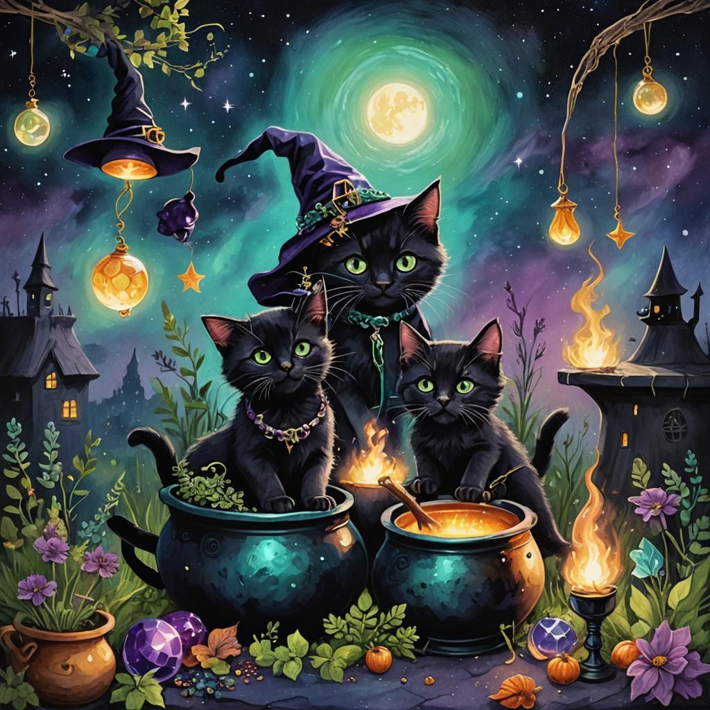 Magical Kittens Play Under Astral Moonlight