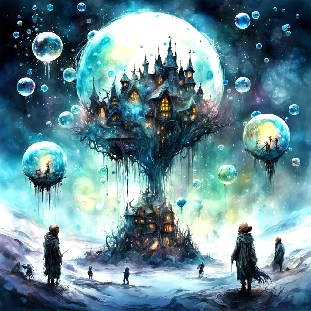 Ethereal Bubbles in Alien Winterland, Watercolour Style
