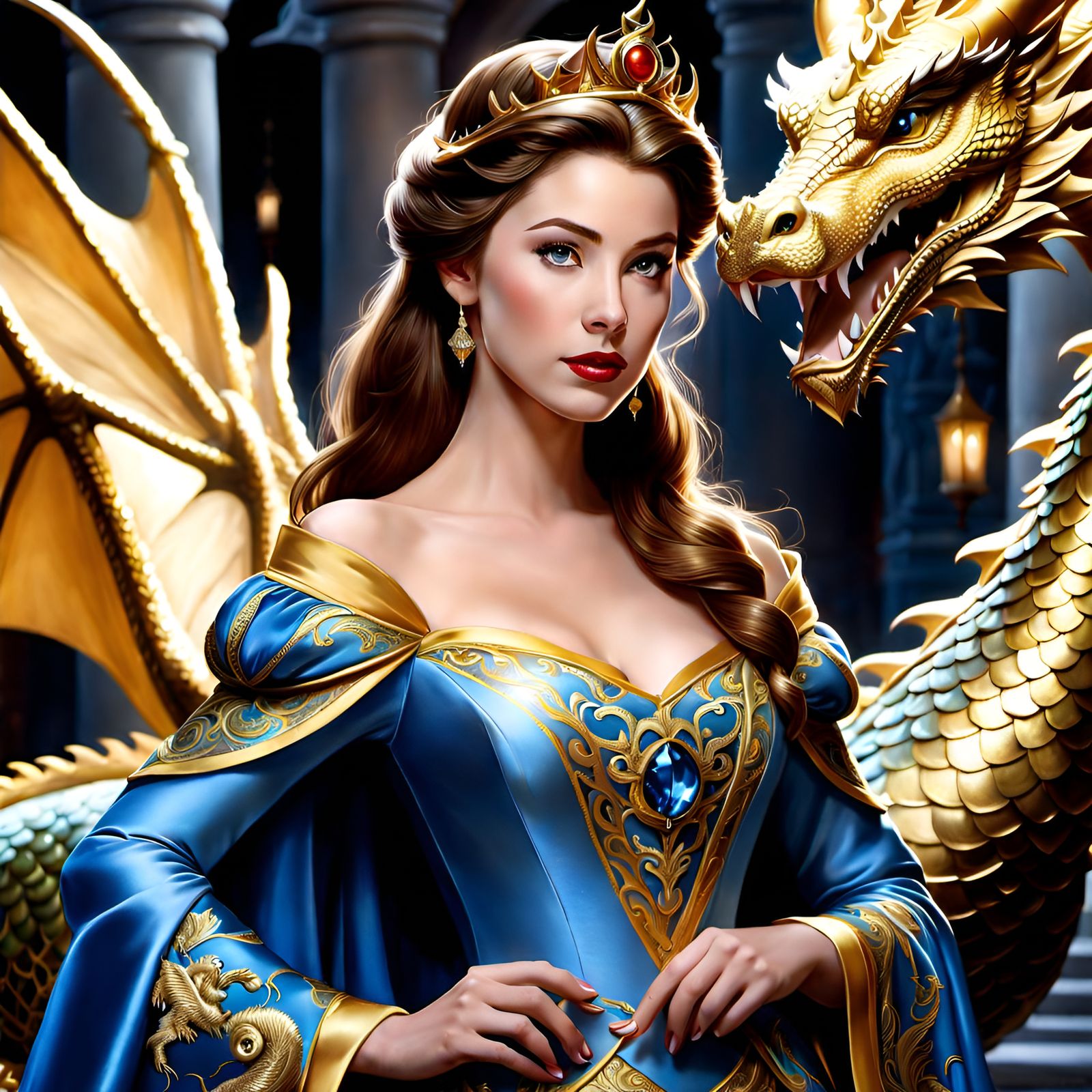 Princess Belle in Dragon Dress: Golden Age Illustration