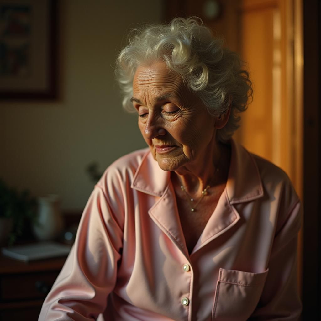 Dreamy Film Still of Granny Sleepwalking at Golden Hour