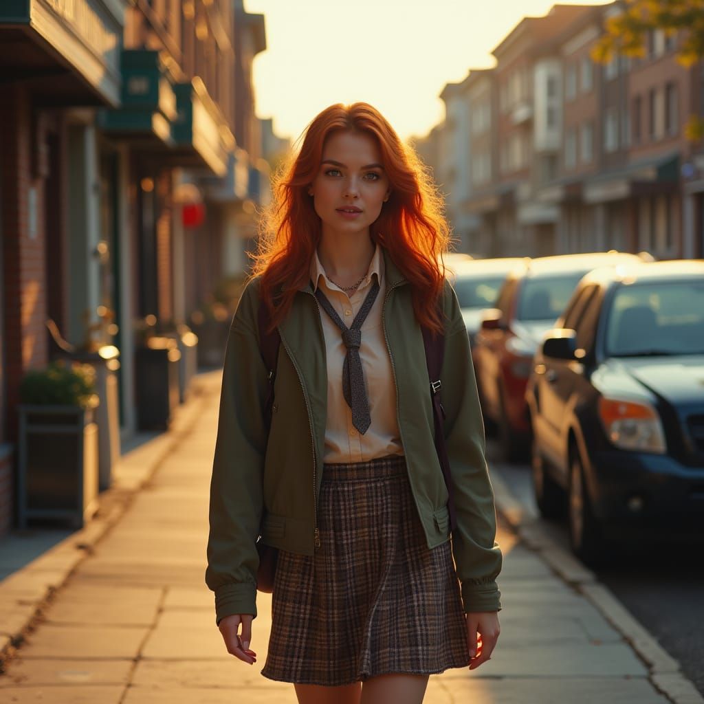Hyperrealistic Young Woman Walking on Autumn Street