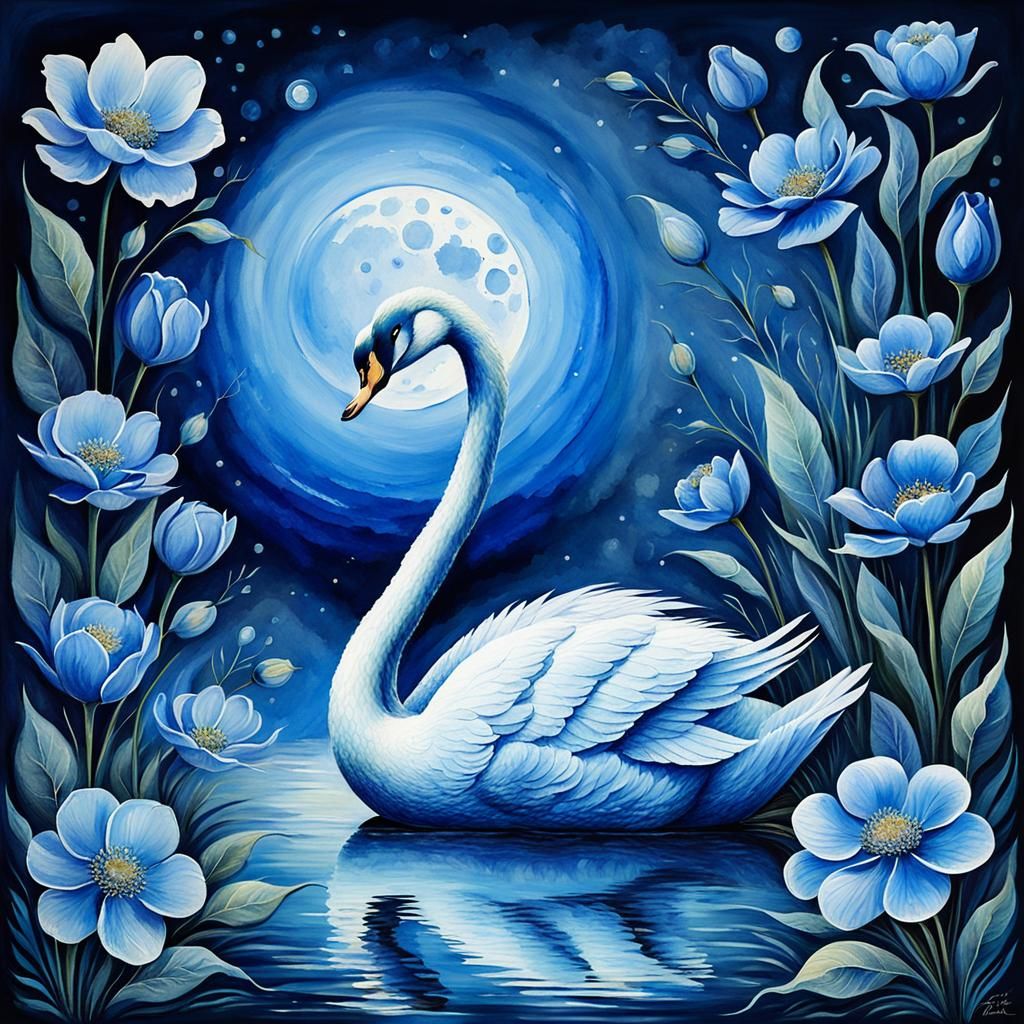 Majestic Blue Swan in Ethereal Watercolor Landscape
