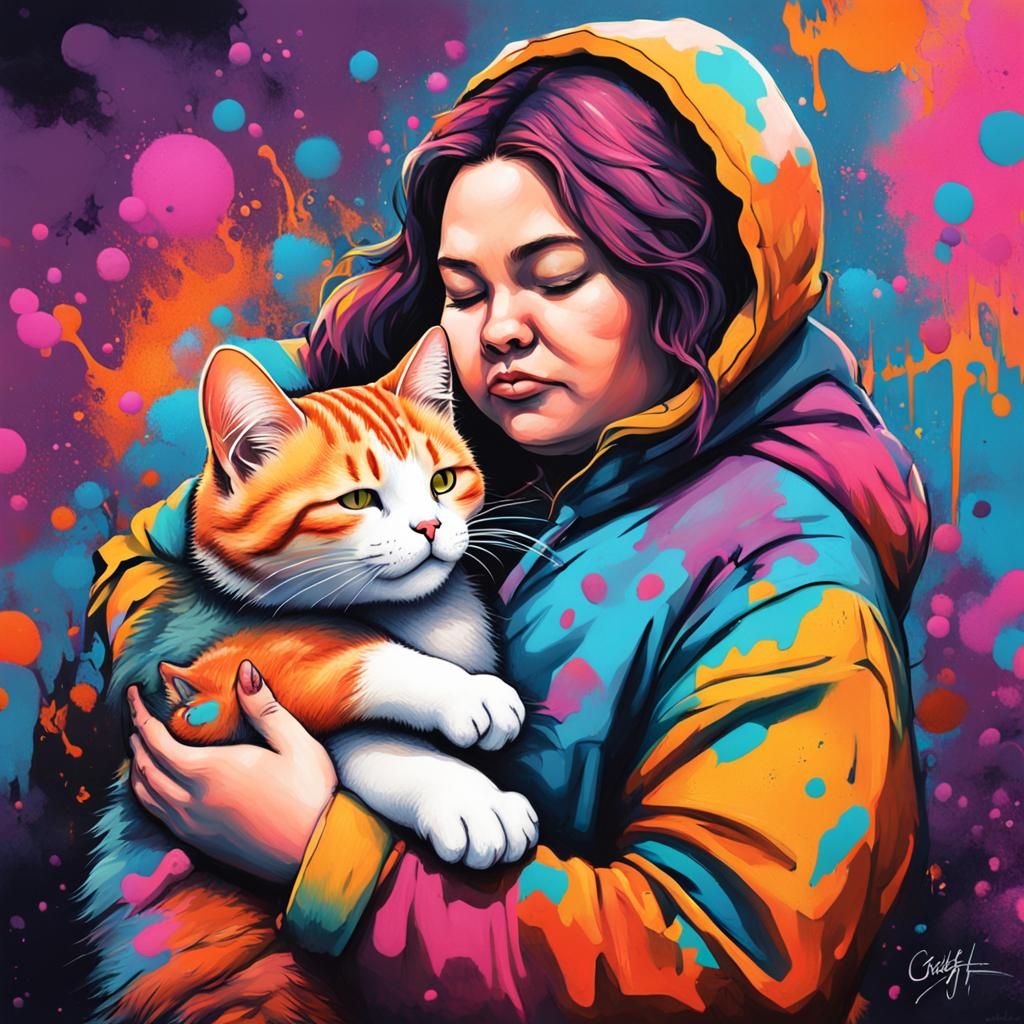 Colorful Graffiti Art of Woman Snuggling Cat