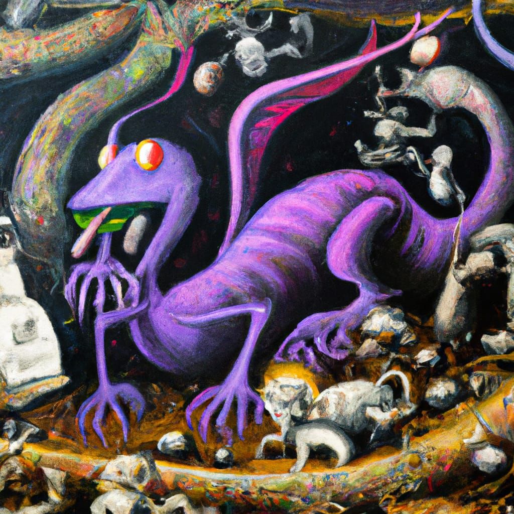 Barbarian Wizard-Genie vs Purple Lizard: Impressionistic Oil...