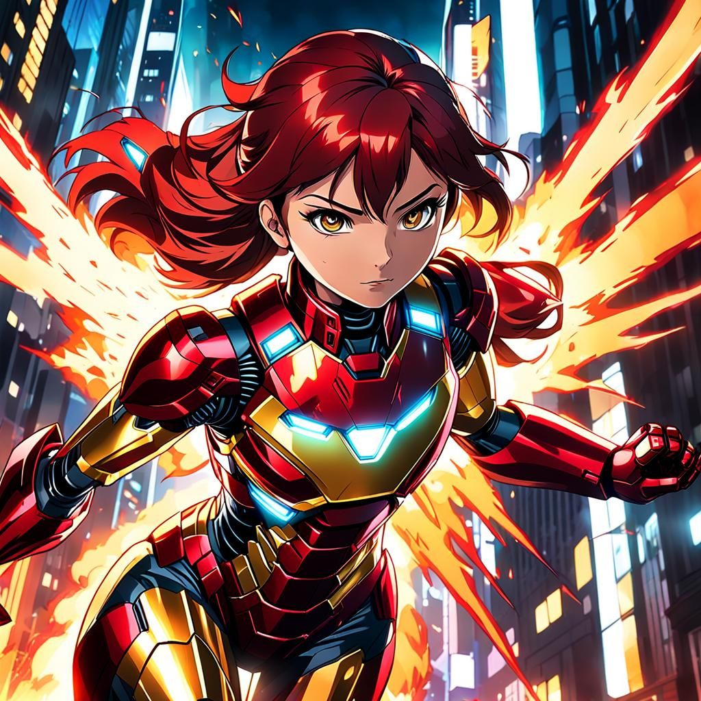 Anime Girl in Iron Man Suit Flying in City