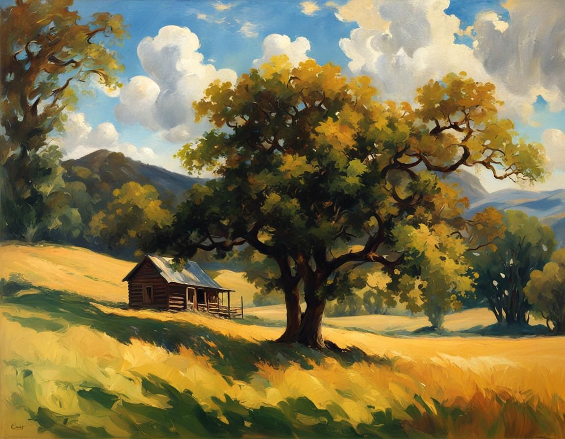 Cabin Landscape in Oil Painting Style