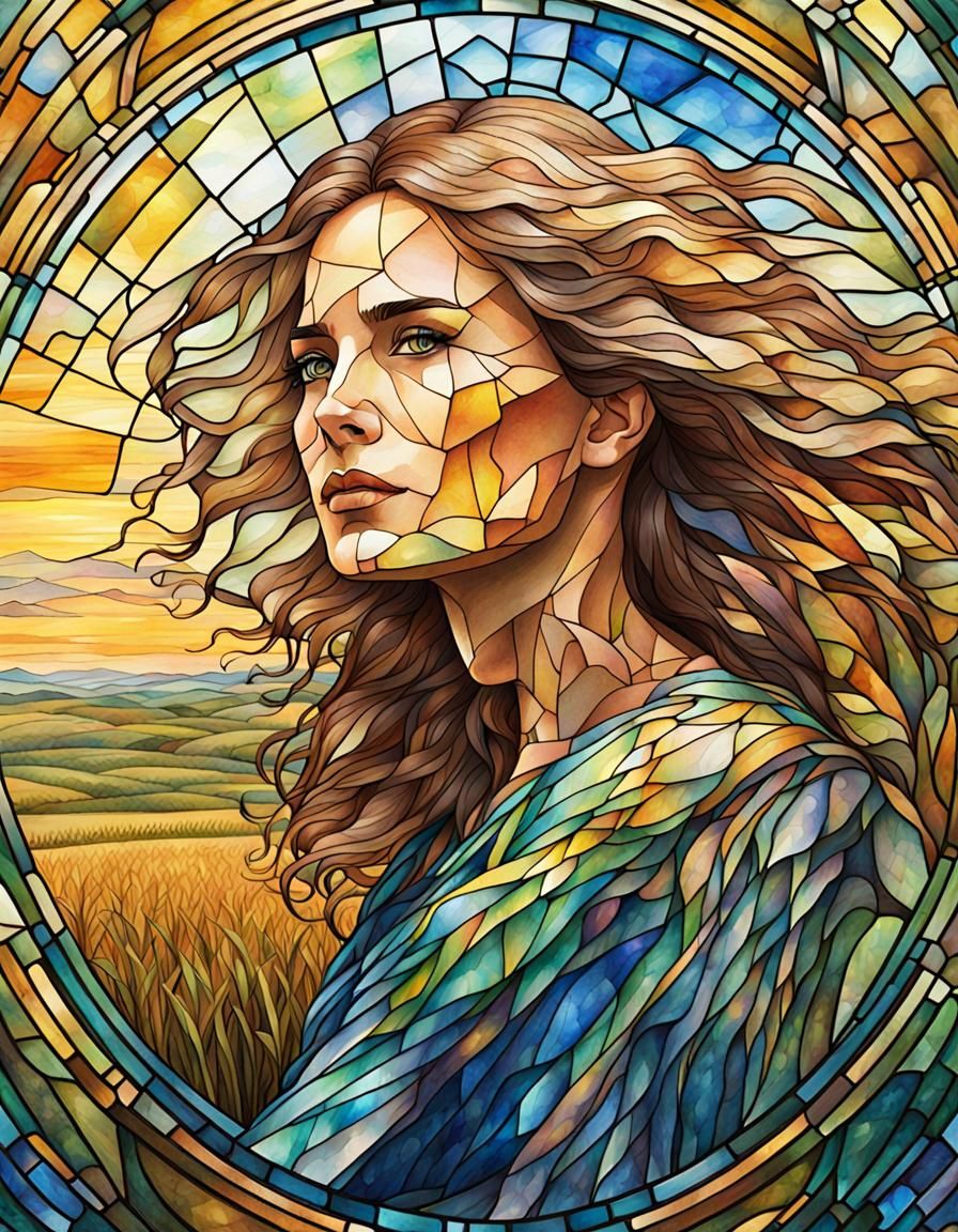 Defiant Woman in Harvest Field: Stained Glass Watercolor