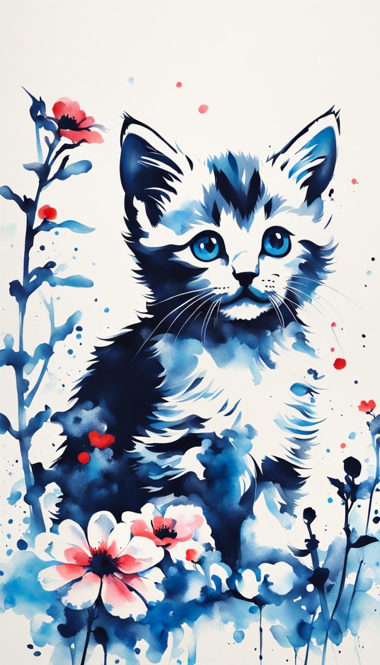 Minimalist Japanese Ink Painting of a Cute Kitten