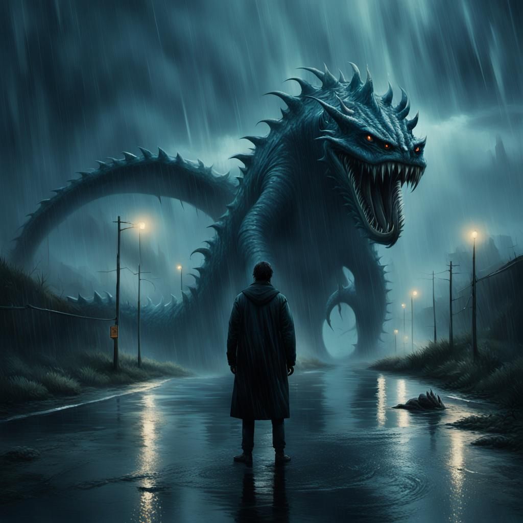 Lonely Figure Under Sea Monster: Moody Gothic Horror