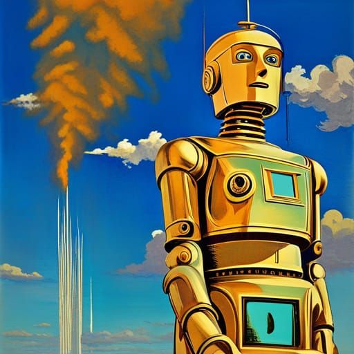 Golden Robot in Pop Art Style, Blue Sky