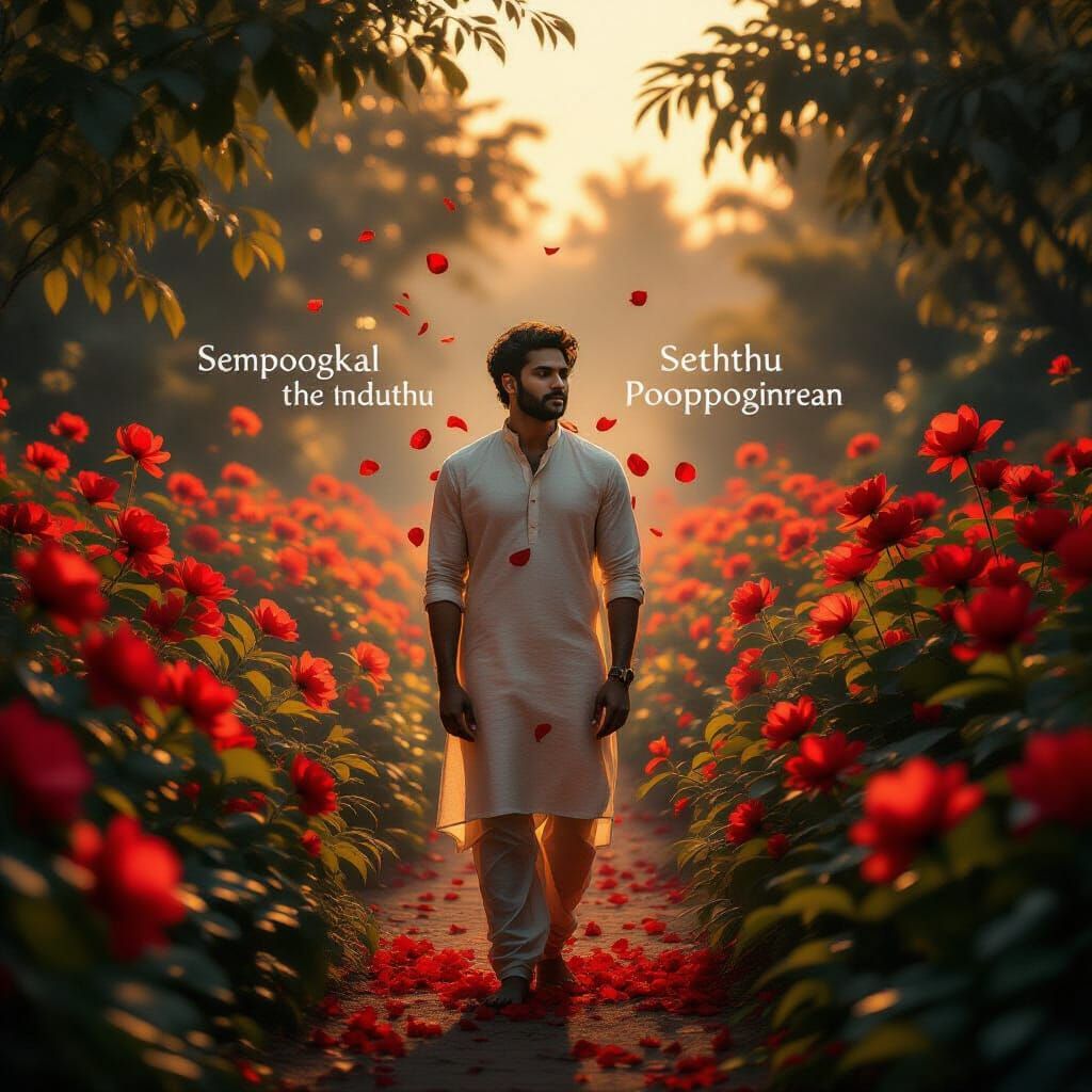 Man Dissolves into Light in Surreal Twilight Garden