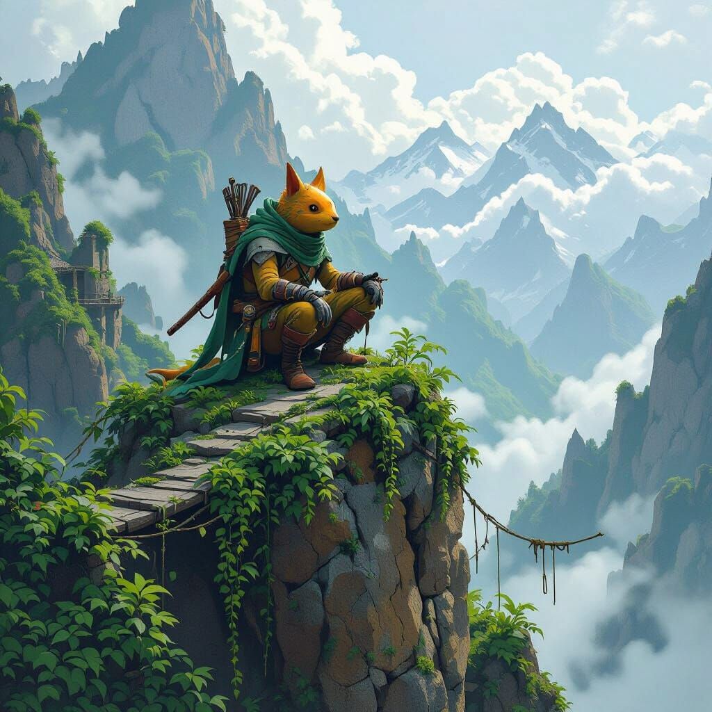 Agile Warrior on Mountainside Stronghold in Fantasy Art Styl...